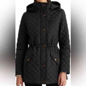 RALPH LAUREN Women's Faux-Leather Trimmed Hooded.Quilted Black Jacket Sz: PM